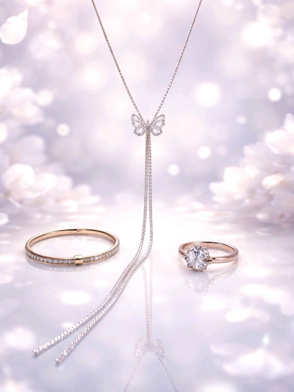 Mother's Day Sale- Yellow Gold Filled Butterfly Drop Necklace, Bangle & Ring